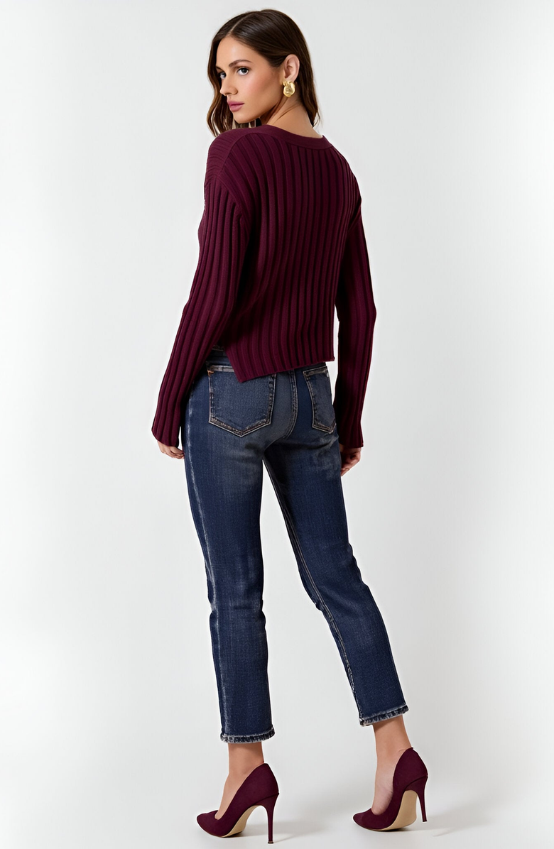 Modenaire Asymmetrical Hem V Neck Ribbed Knit Sweater, Alternate, color, 