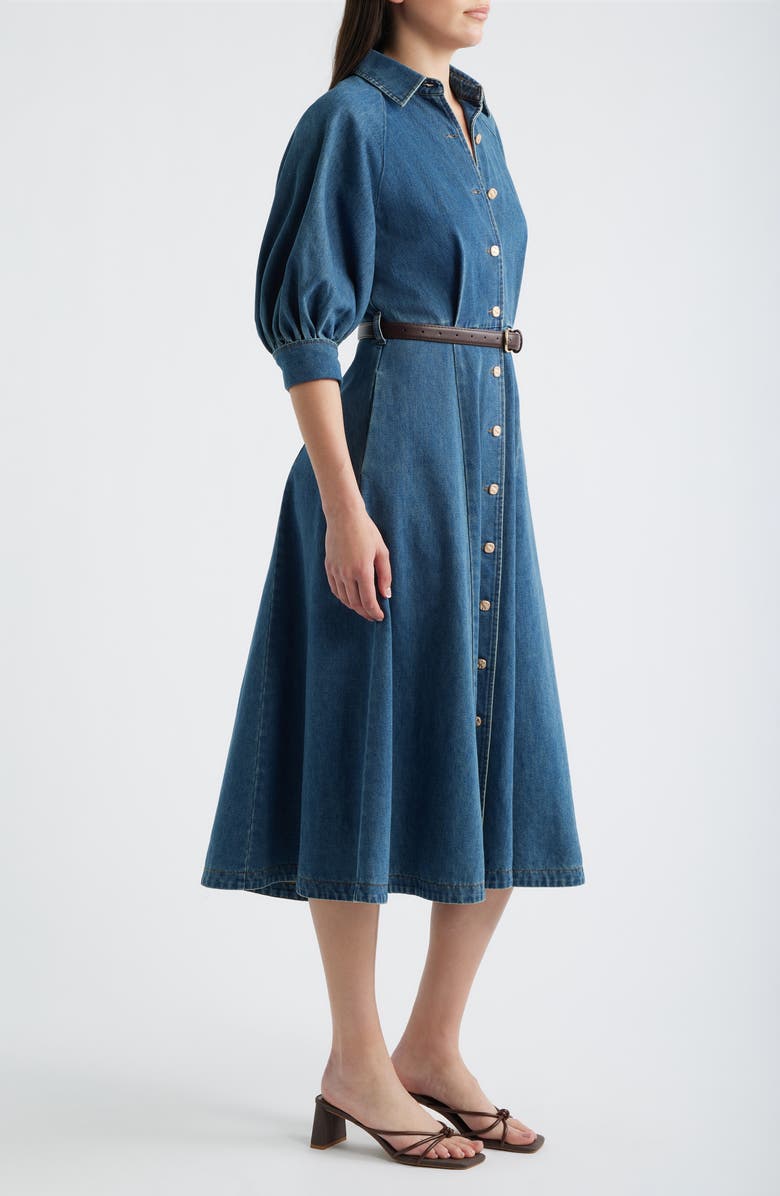 FREEMARKET Puff Sleeve Denim Midi Shirtdress, Alternate, color, Denim Blue