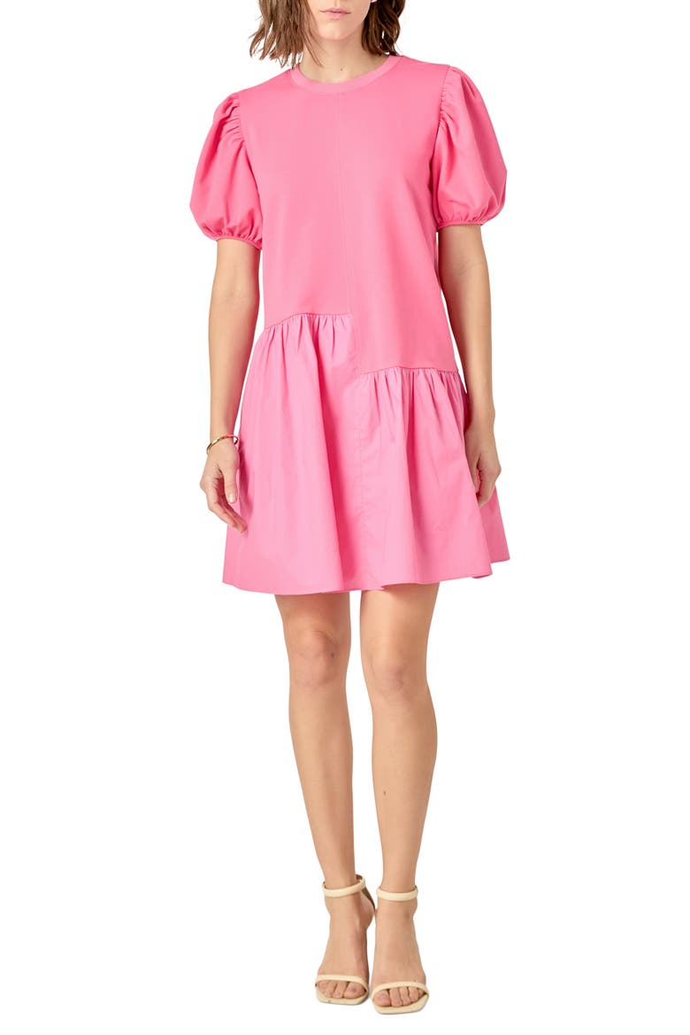 Puff Shoulder Mixed Media Minidress, Main, color, PINK