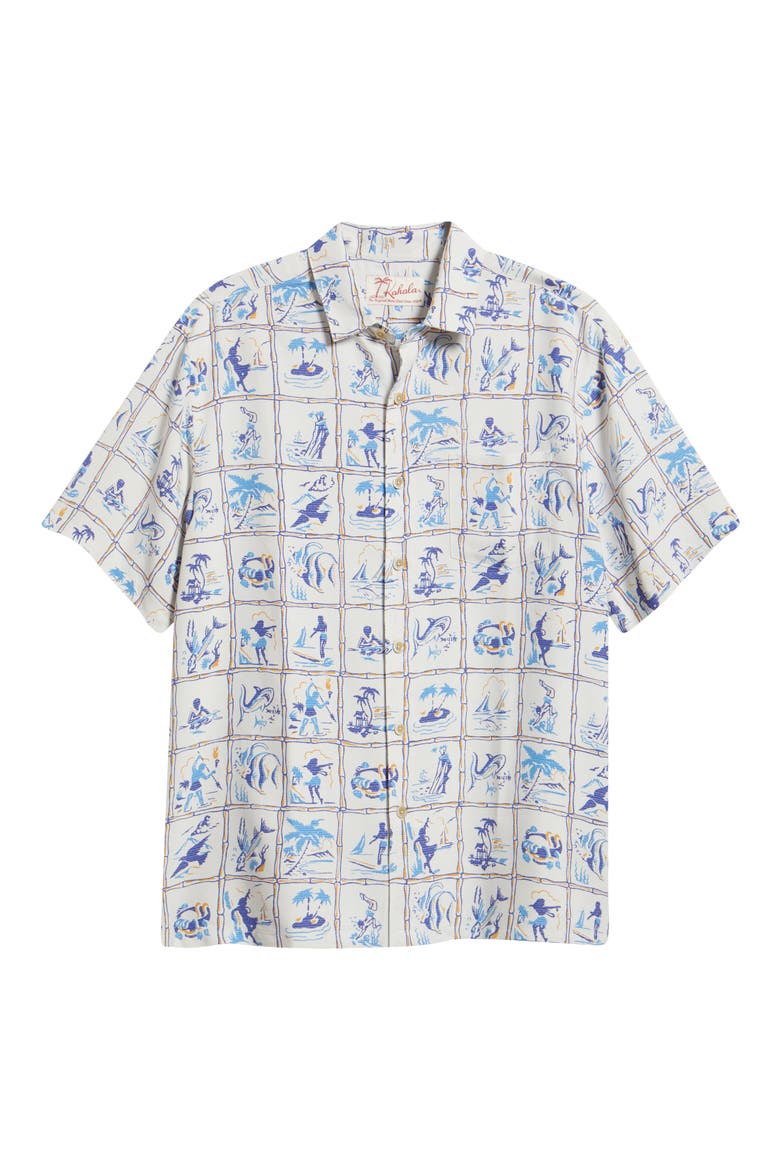 Island Scenes Short Sleeve Button-Up Shirt, Alternate, color, OFF WHITE