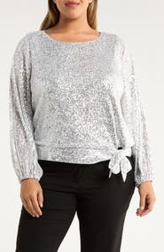 Tahari ASL Sequin Tie Hem Top