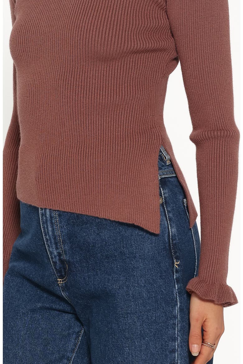 Fiana Ruffle Cuff Rib Sweater, Alternate, color, BROWN