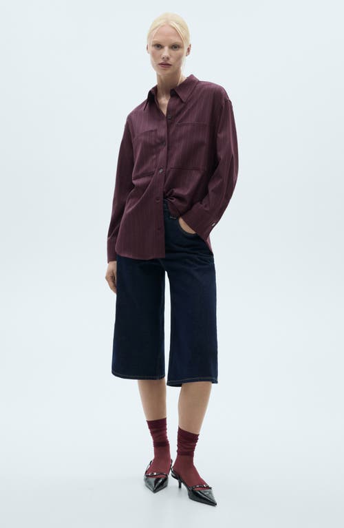 Shop Mango Pinstripe Oversize Button-up Shirt In Wine