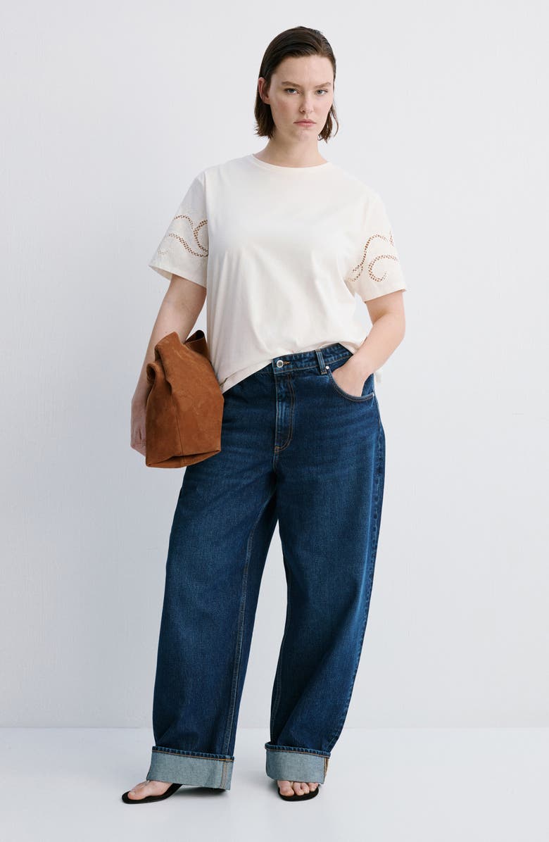 MANGO Openwork Embroidered Cotton T-Shirt, Alternate, color, Ecru