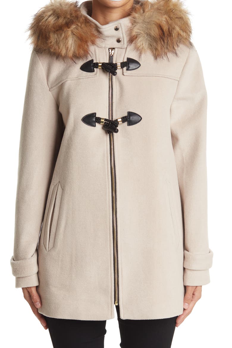 Faux Fur Trim Hooded Toggle Coat, Alternate, color, BONE