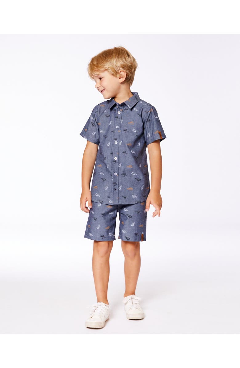 Deux par Deux Boy's Printed Chambray Short Sleeve Shirt Gray, White And Tan, Alternate, color,