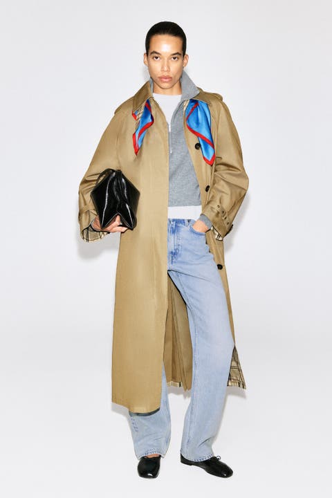 Check-Detail Belted Cotton Trench Coat