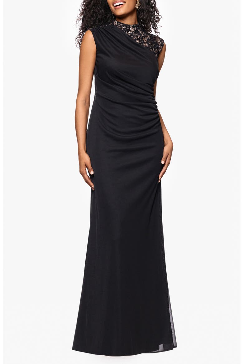 Lace Trim Asymmetric Ruched Gown, Alternate, color, BLACK/ NUDE