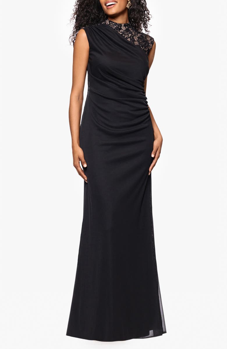 Betsy & Adam Lace Trim Asymmetric Ruched Gown, Alternate, color,