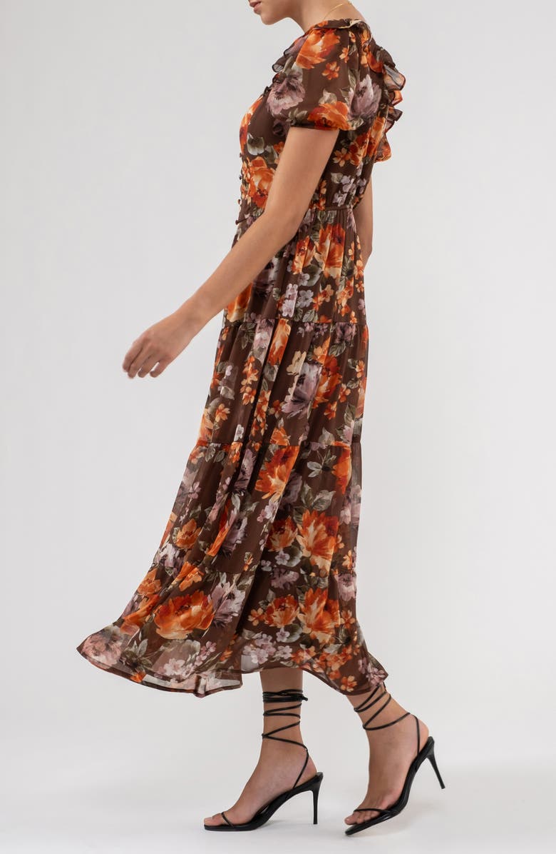 AUGUST SKY Floral Ruffle Trim Maxi Dress, Alternate, color, Mocha Multi