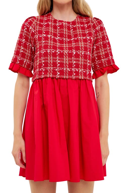 English Factory Pleated Tweed & Poplin Minidress In Red