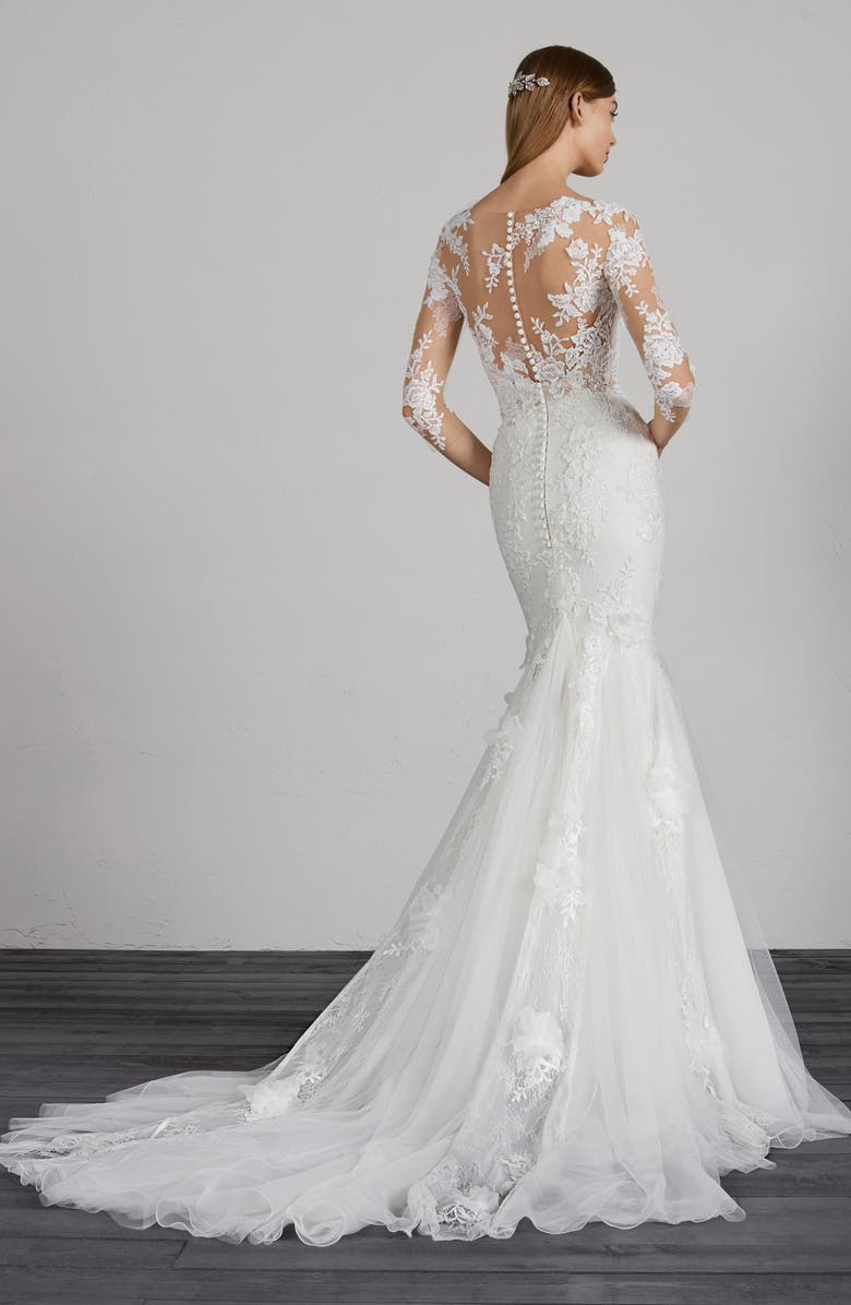 Pronovias Maden Lace Appliqué Mermaid Wedding Dress, Alternate, color, 