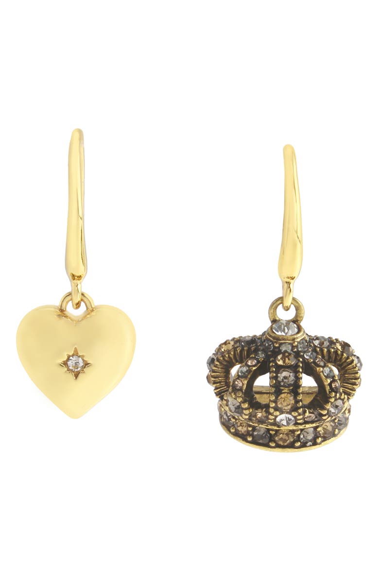 Kurt Geiger London Crown & Heart Mismatched Drop Earrings, Main, color, Gold/ Crystal