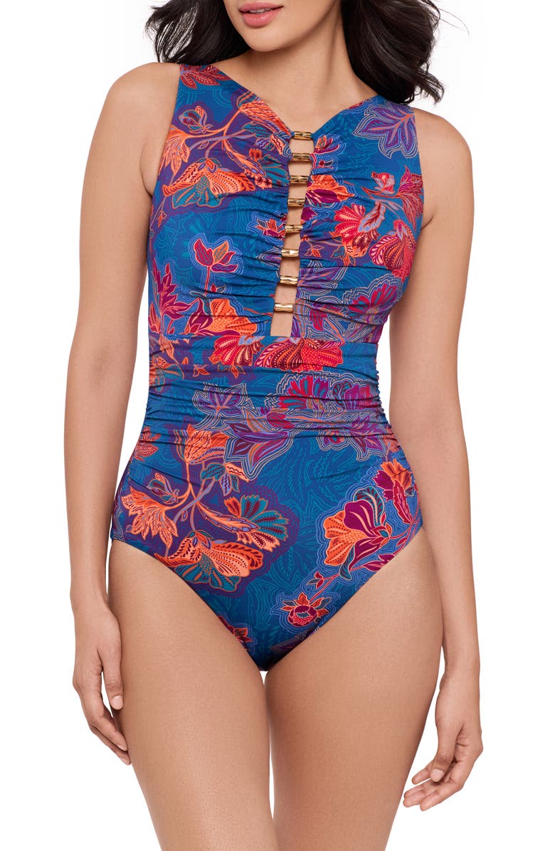 Miraclesuit<sup>®</sup> Decoupage Swizzle One-Piece Swimsuit, Main, color, Blue Multi