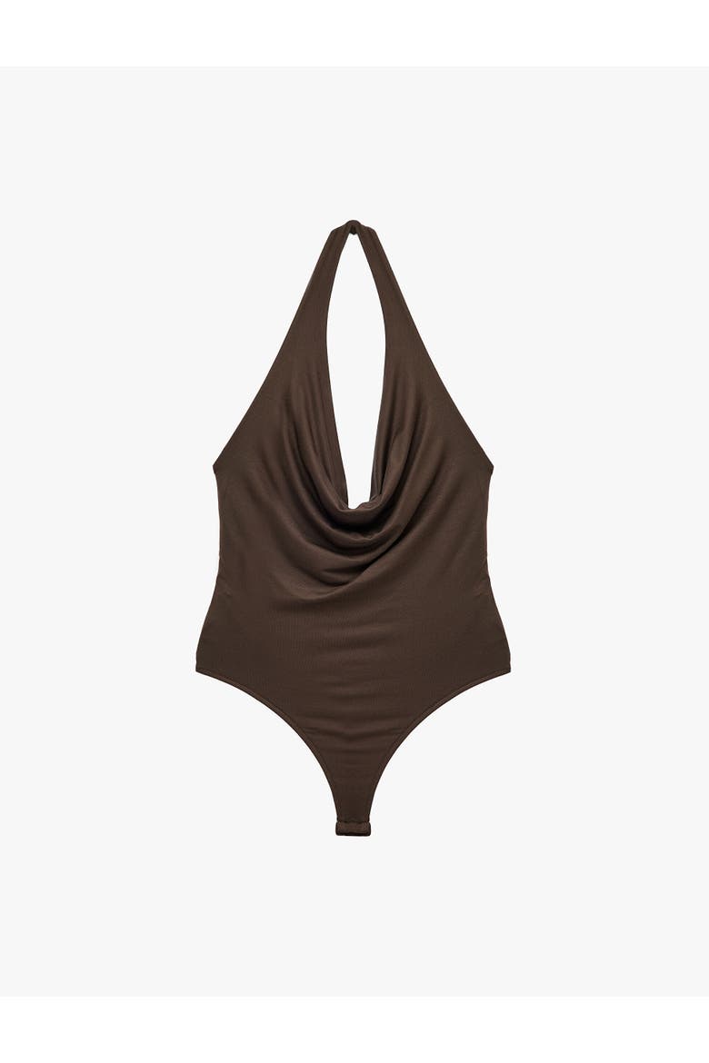 Halter Neck Drape Bodysuit, Alternate, color, BROWN
