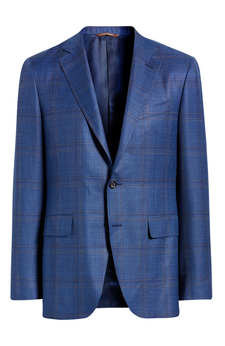 Canali Kei Trim Fit Blue Mélange Shadow Plaid Wool & Silk Blend Sport Coat, Alternate, color, Brt Blue
