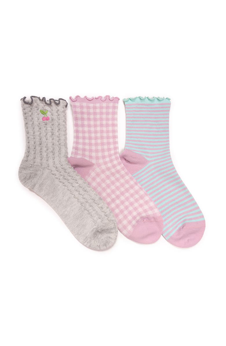 MUK LUKS Women's Embroidered Quarter Crew Socks, 3 Pair Pack, Main, color, Grey/Pink
