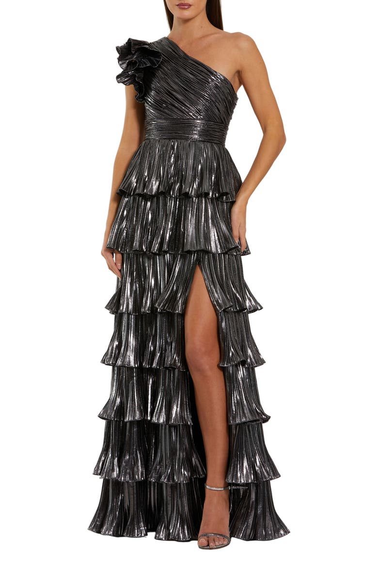 Pleated Metallic Tiered Ruffle One Shoulder Gown, Main, color, Gunmetal