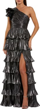 Mac Duggal Pleated Metallic Tiered Ruffle One Shoulder Gown
