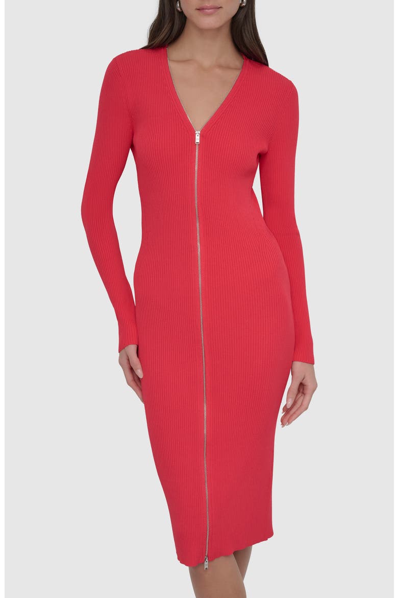 Front Zip Long Sleeve Rib Midi Dress, Alternate, color, WATERMELON