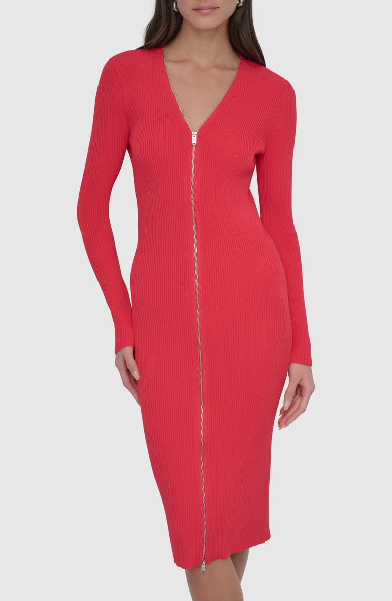 DKNY Front Zip Long Sleeve Rib Midi Dress, Alternate, color, Watermelon