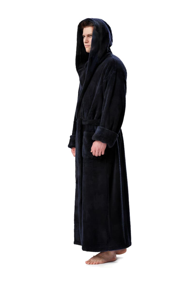 Men's Hooded Long Fleece Robe, Alternate, color, Black