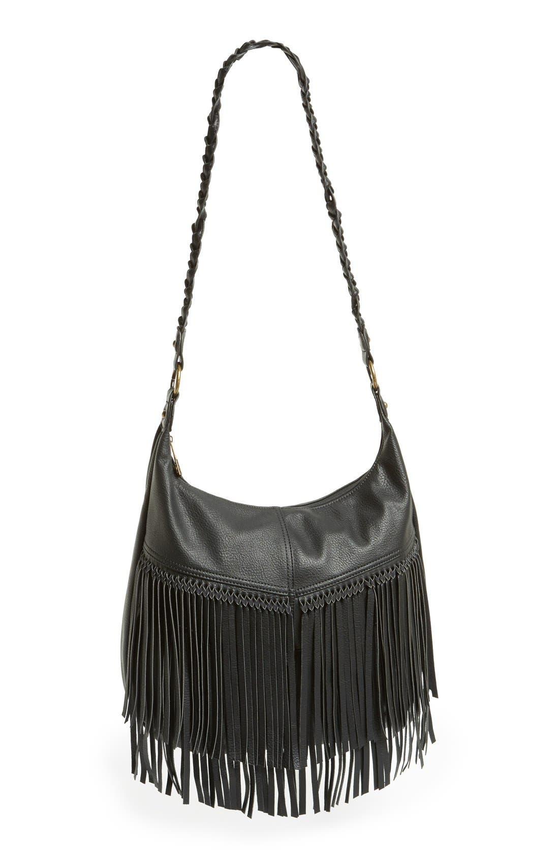 'Large' Fringed Crossbody Hobo, Main, color, BLACK