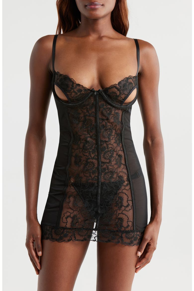 Underwire Chemise & G-String Set, Main, color, BLACK