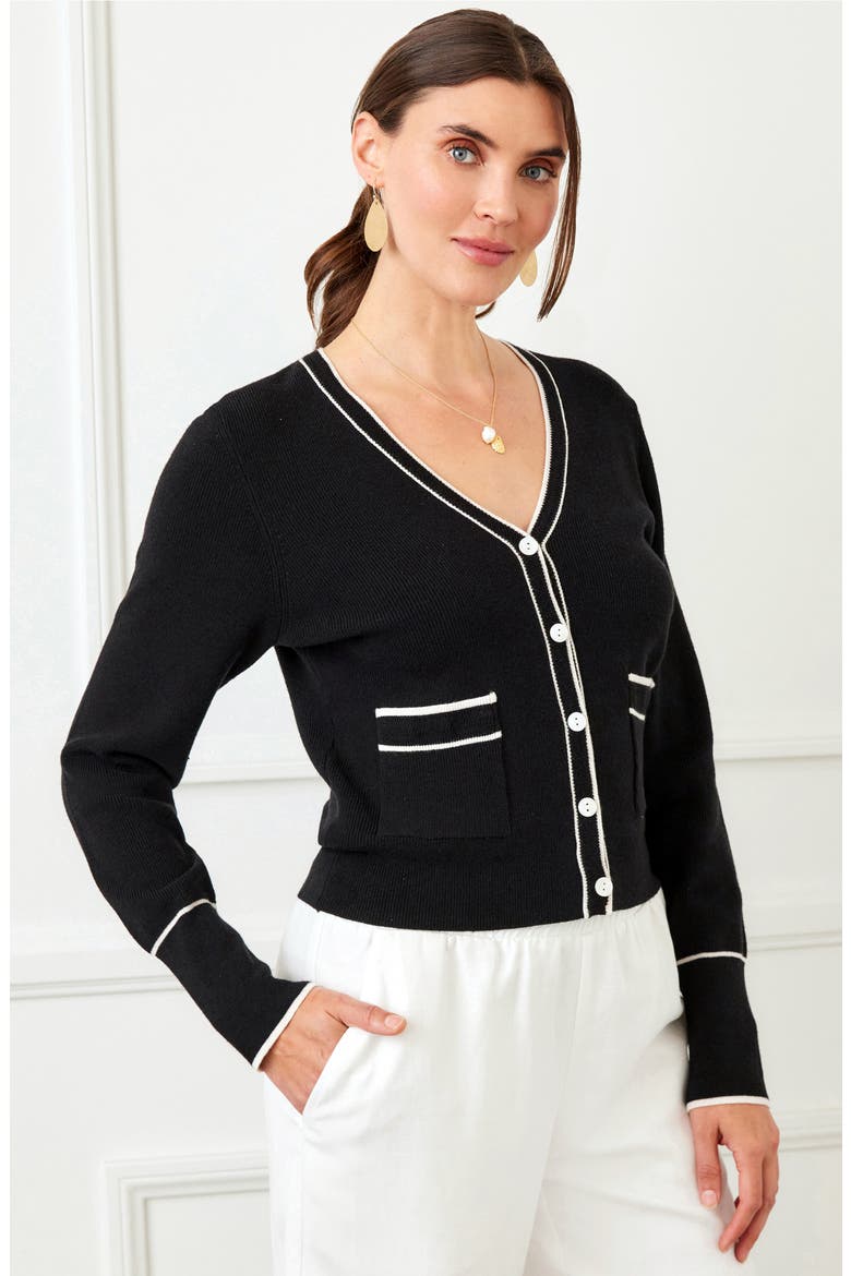 Contrast Trim Cardigan, Alternate, color, BLACK W/ OFF WHITE