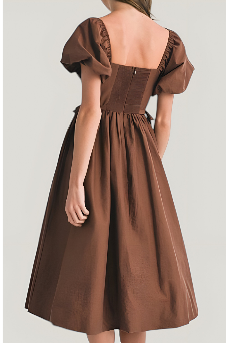 Square Neck Puff Sleeve Midi Dress with Side Tie Ribbon and Button Front, Alternate, color, Brown