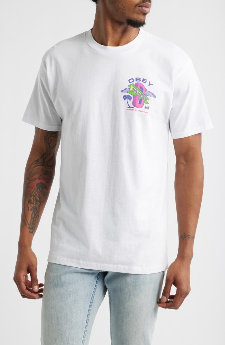 Obey Dream Construction Cotton Graphic T-Shirt, Main, color, White