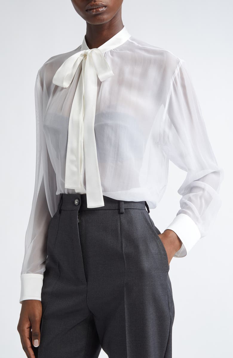 Dolce&Gabbana Sheer Silk Chiffon Tie Neck Shirt, Alternate, color, W0800 Bianco Ottico