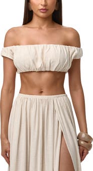 Naked Wardrobe Shirred Off the Shoulder Crop Top