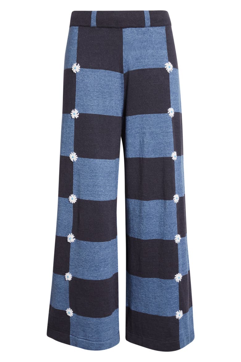 Daisy Intarsia Check Linen Blend Wide Leg Pants, Alternate, color, DENIM