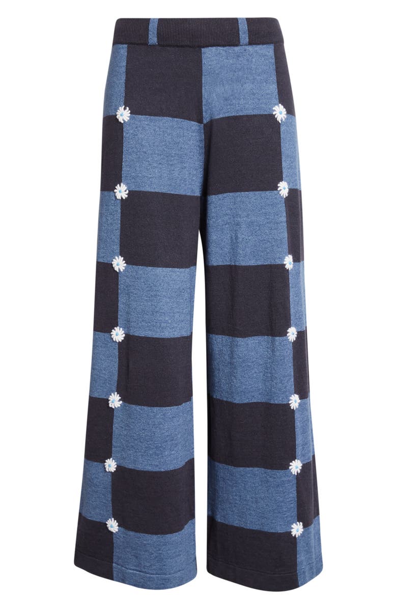 YanYan Daisy Intarsia Check Linen Blend Wide Leg Pants, Alternate, color, Denim