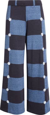 YanYan Daisy Intarsia Check Linen Blend Wide Leg Pants
