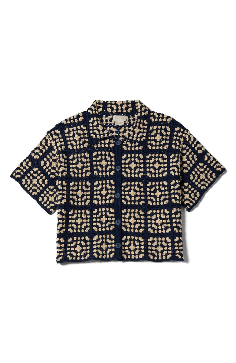 Brixton Cotton Crochet Short Sleeve Button-Up Sweater, Alternate, color, Mood Indigo/ Off White