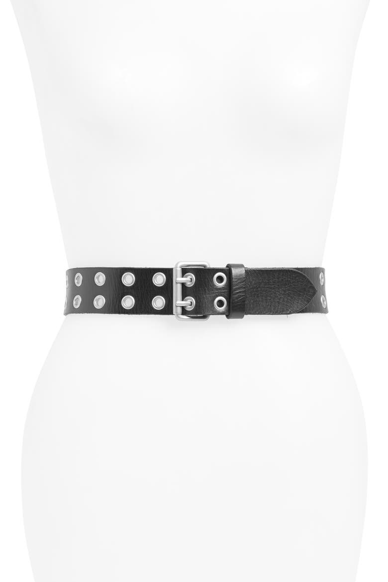 Double Prong Belt, Main, color, BLACK/DULL NICKEL