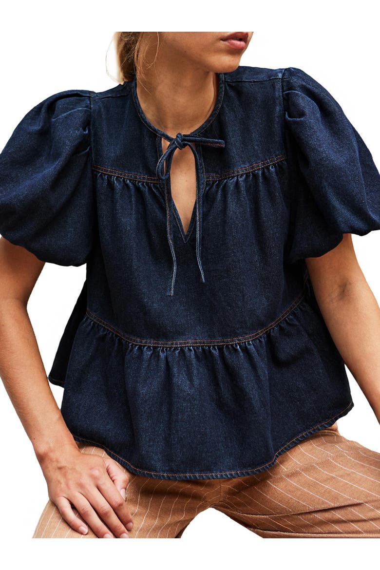 Denim Puff Sleeve Tie Neck Top, Alternate, color, Blue
