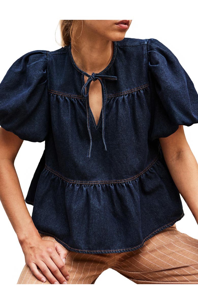 Ro&Zo Denim Puff Sleeve Tie Neck Top, Alternate, color, Blue