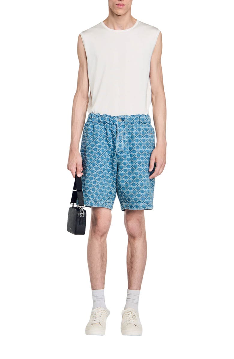 SANDRO Square cross denim Bermuda shorts, Alternate, color, 