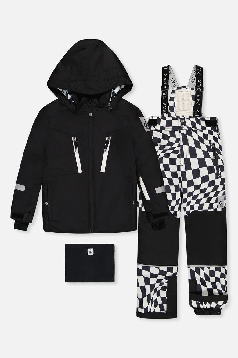 Teknik Checkered Hood Jacket & Reinforced Pants Two Piece Snowsuit, Main, color, Black and White