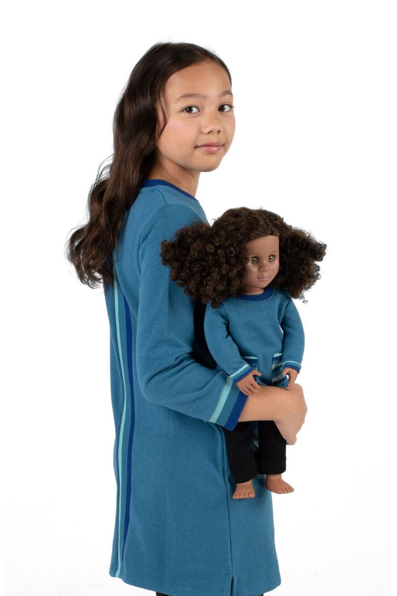 Girls Sweatshirt Dress with Matching Doll Dress, Alternate, color, TEAL BLUE