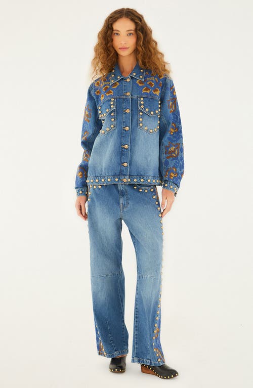 Farm Rio Embroidered Studded Denim Jacket In Blue