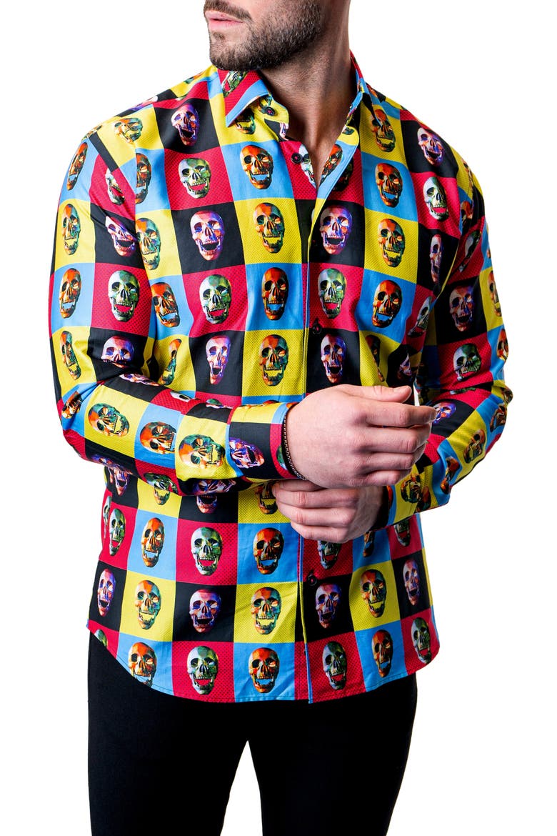 Fibonacci Worhol Skull Multi Button-Up Shirt, Main, color, BLUE MULTI