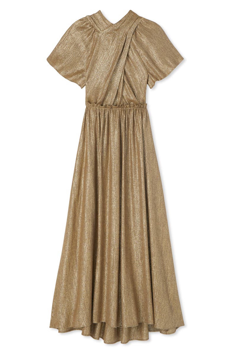 ST. JOHN Metallic Wrap Bodice Midi Dress, Alternate, color, Gold