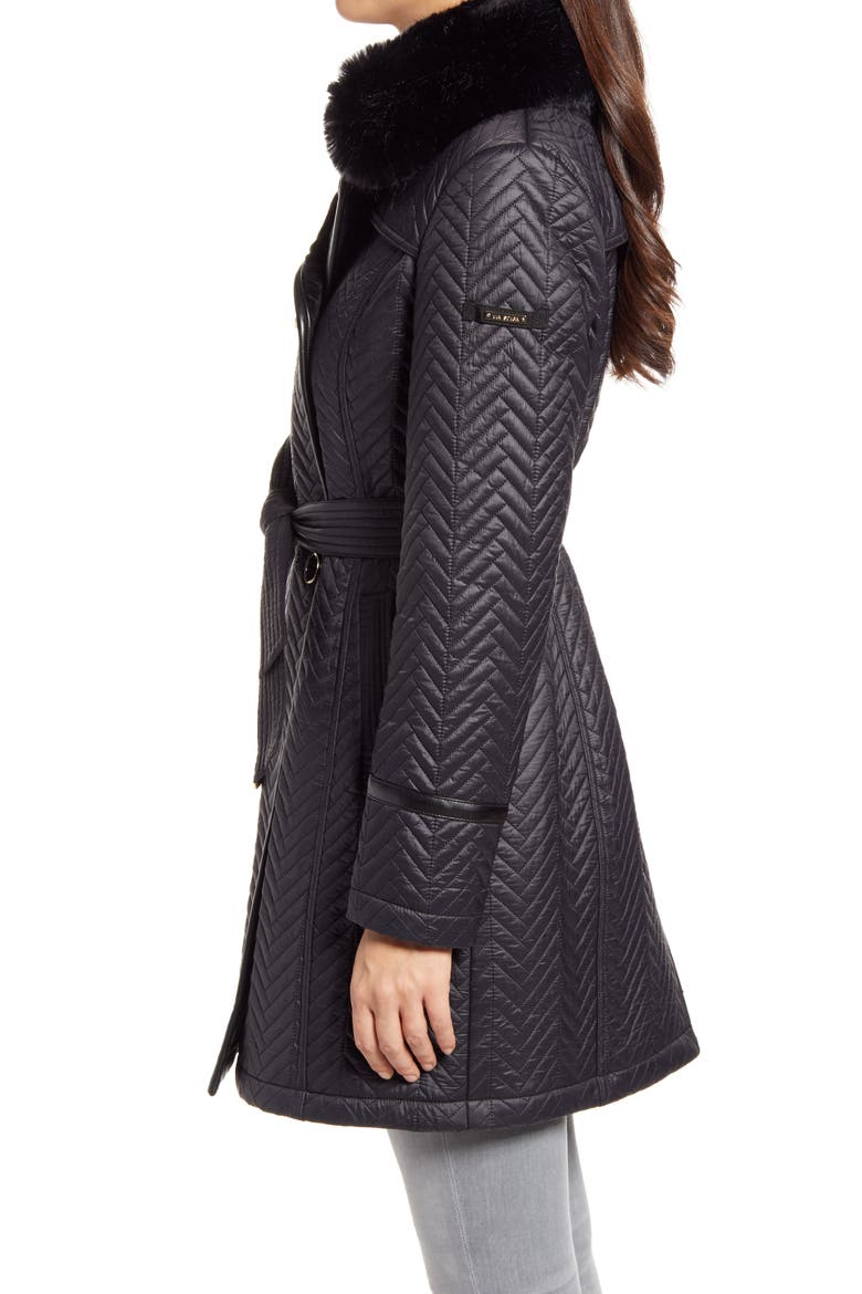 Water Resistant Double Breasted Faux Fux Collar Quilted Coat, Alternate, color, BLACK