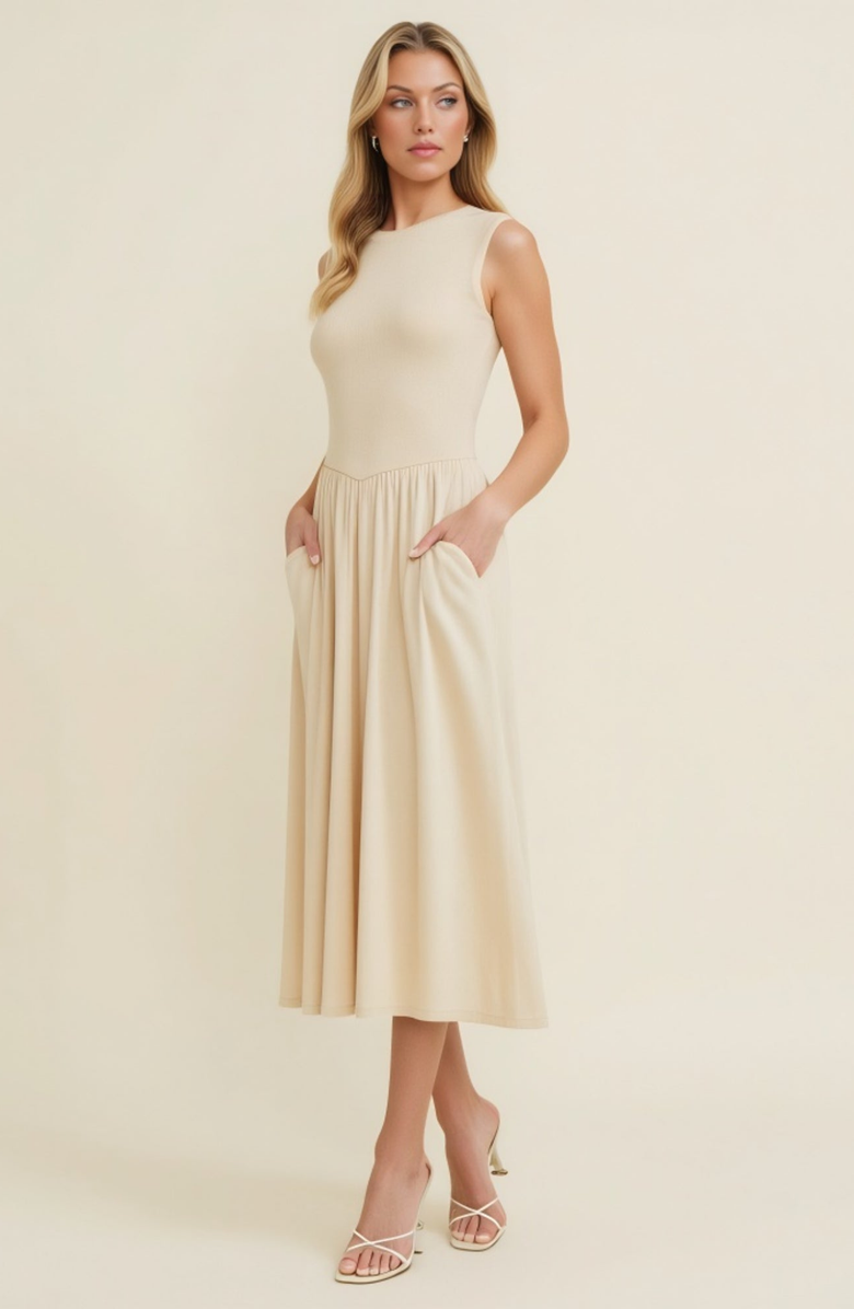 Modenaire Cap Sleeve Knit Bodice Dress with Flowy Midi Skirt and Side Pockets, Alternate, color, Beige