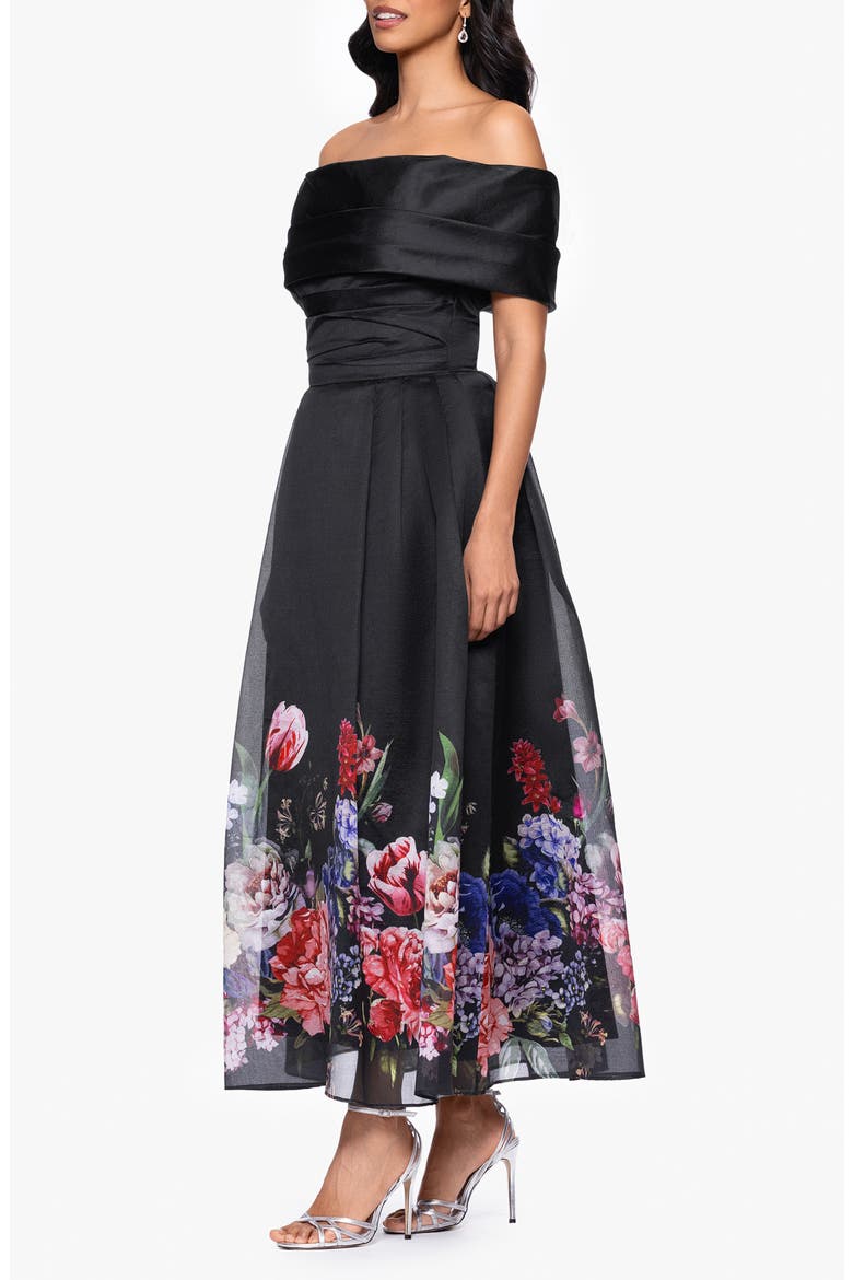 Placed Floral Off the Shoulder Gown, Alternate, color, BLACK/RED