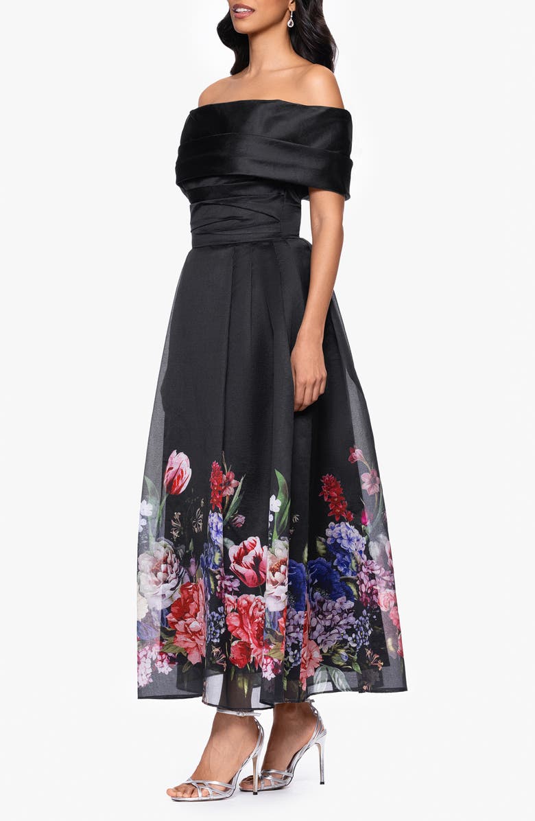 Betsy & Adam Placed Floral Off the Shoulder Gown, Alternate, color, Black/ Red